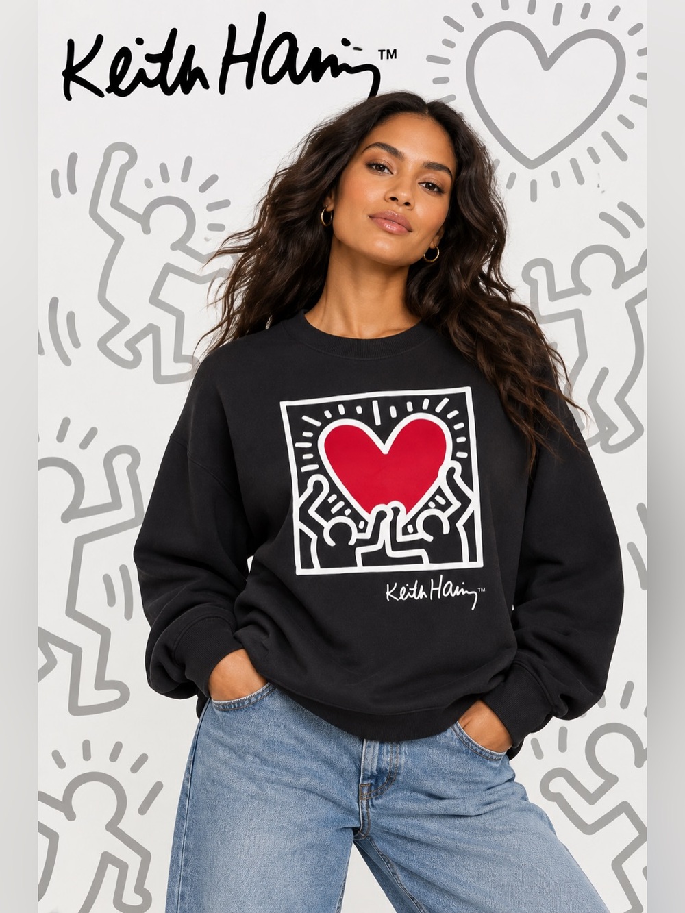 Keith Haring Black Sweatshirt Red Heart Graphic Pop Art Crewneck Pullover XXL
